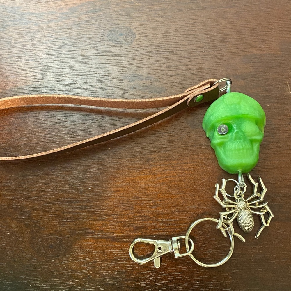 Green Skull Keychain with Leather Strap